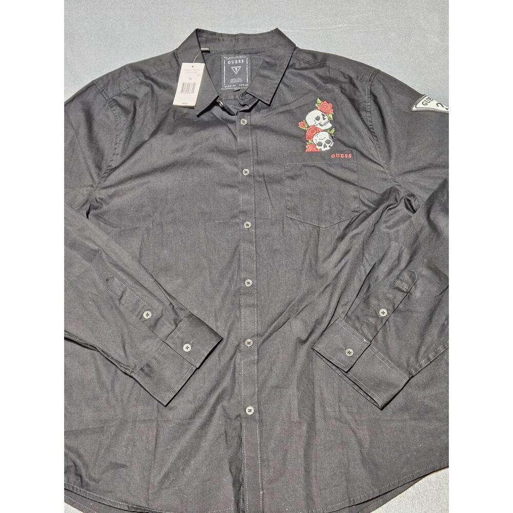 Guess Shirt Mens Extra Large Button Skulls Rose Grunge Goth Black Long Sleeve